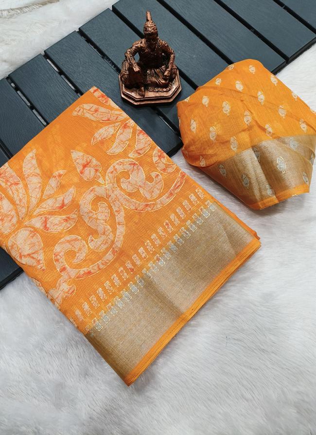 Satin Orange Casual Wear Foil Printed Saree